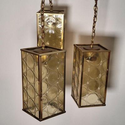 Mid Century Three Pendant Amber Glass & Brass Ceiling Lights