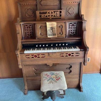 Beautifully Preserved Wooden Pump Melodeon with Stool - 1872