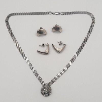 Sterling Silver Mesh & Diamond Necklace, Mexico 925 Earrings