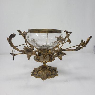 Vintage Ardalt Spain Brass Leaf Spray & Etched Glass Bowl Centerpiece