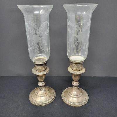 Hirsch Sterling Candleholder Set with Etched Hurricane Lamps
