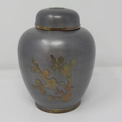 Japanese Pewter Ginger Jar with Brass Cherry Blossom Motif
