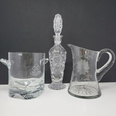Elegant Cut Crystal Decanter, Etched Pitcher & Krosno Handled Bowl
