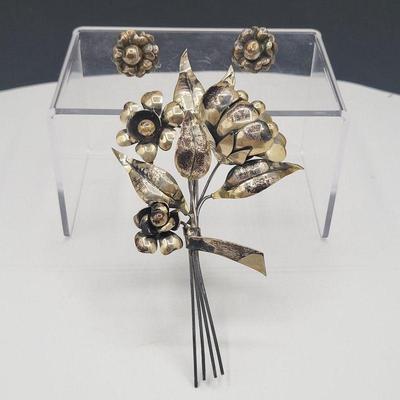 1940's Sterling Silver Floral Spray Brooch & Screwback Earrings