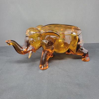 Amber Glass Elephant Lidded Dish