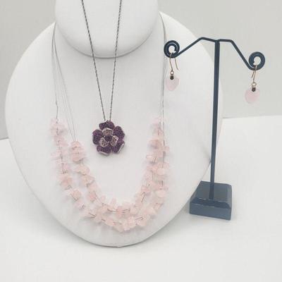 925 Rose Quartz Necklace, 10k Earrings & 925 Purple Crystal Necklace