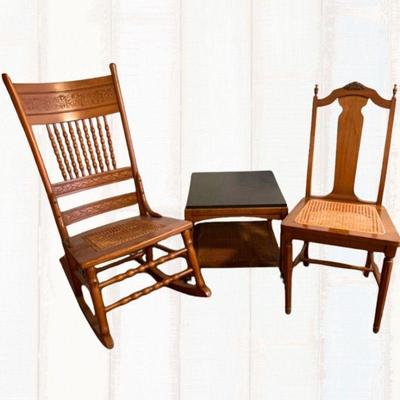 Timeless and Classic Cane Rocker, Side Table & Chair
