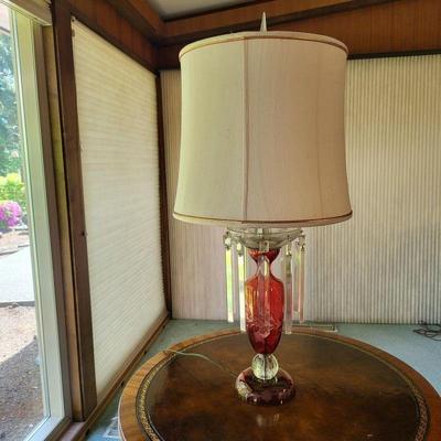 Etched Cranberry Glass Lamp with Clear Crystal Prisms No. 1