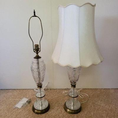 Two Etched Clear Crystal & Brass Table Lamps