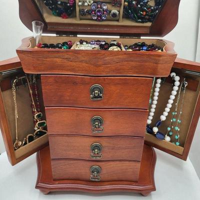 Wooden Jewelry Box Filled With Fashion Jewelry