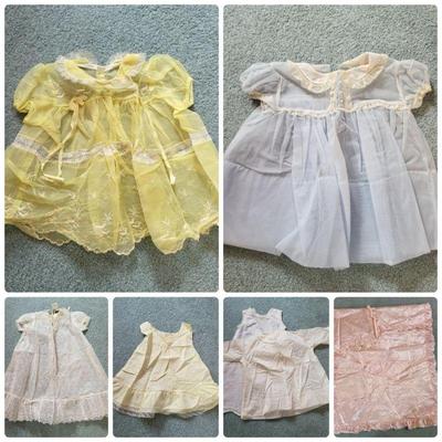 Vintage Heirloom Baby Dresses & Satin Crib Blanket Set