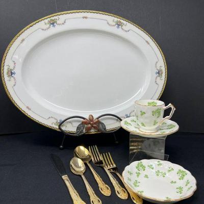 Noritake Rosemary Serving Platter & Aynsley Demitasse Set & Flatware