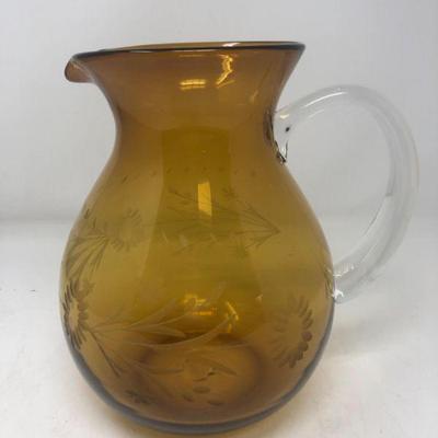 Vintage Amber Floral Etched Glass Pitcher