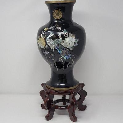 Black Enamel Brass Vase with Mother of Pearl Inlay Signed