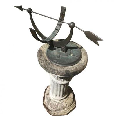 Armillary Iron Sundial Mounted on Concrete Pedestal