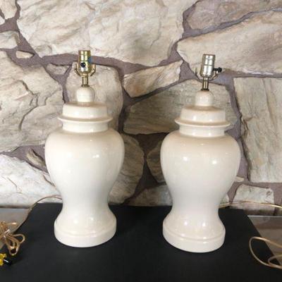 Pair Vintage Creamy White Ginger Jar Lamps