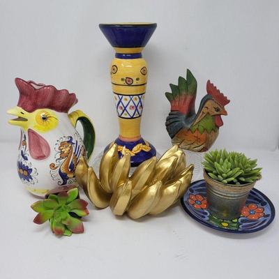Bella Casa Candleholder, Pottery Rooster Pitcher & More