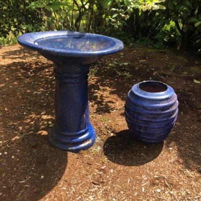 Cobalt Blue Glazed Terracotta Set - Birdbath & Planter