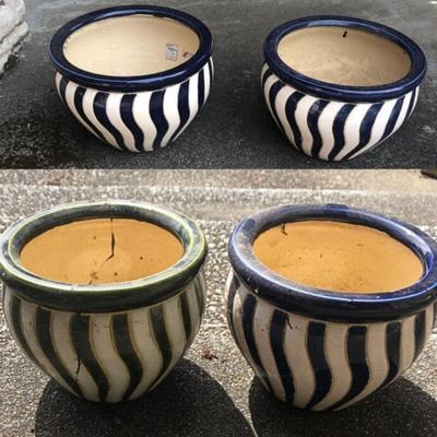 Two Pairs of Large & Small Zebra-Striped Outdoor Pots