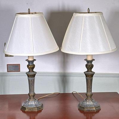 (2pc) Bronze Cast Metal Table Lamps | Pair (2) of bronze cast metal table lamps with lampshades. Dimensions: h. 26.75 x dia. 6 in