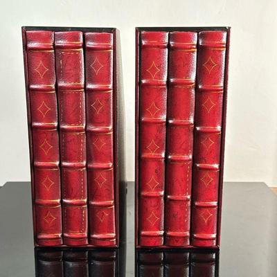 (2pc) Pair of Red Magazine Holders #1 | Pair (2) of magazine holders with vintage book facade. - h. 12 x w. 4.5 x d. 10.5 in