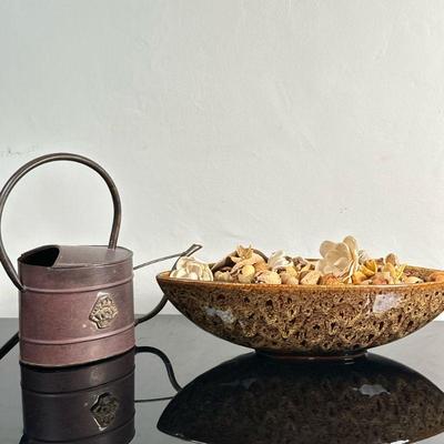 (2pc) Watering Can & Art Bowl | Copper or metal decorative watering can. Hosley "Elegant Expressions" art bowl (with...