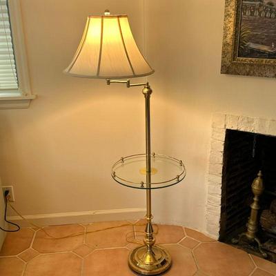 Brass Floor Lamp With Glass Shelf | Brass floor lamp with glass shelf, adjustable brass arm, and white pleated lampshade included. - h....