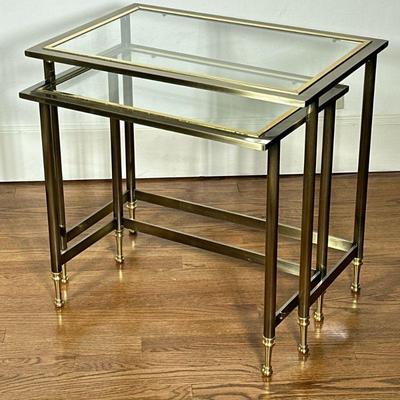 (2pc) Brass & Glass Nesting Tables | Pair (2) of brushed brass nesting tables with glass top inserts. Shortest: h. 20 x w. 14 x d. 21...