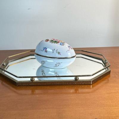 (2pc) Mirrored Vanity Tray & Egg Trinket Box | Vintage vanity items including an octagonal mirrored tray with gallery edge and a...