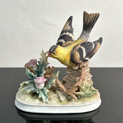 Gold Finch Bird Figurine | "Andrea by Sadek" (Japan) hand-painted "Gold Finch" porcelain figurine. - h. 5.5 x w. 6 x...