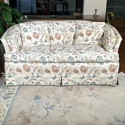 Pastoral/Cottage Style Upholstered Loveseat | Vintage (mid century) pastoral/cottage style upholstered loveseat with a dusty rose and...