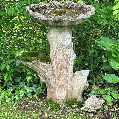 Stone Bird Bath Pedestal - Tree Trunk | Outdoor stone bird bath pedestal and bowl (all one piece) with tree trunk/log design. One piece...