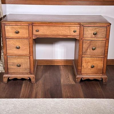 Pinewood Seven-Drawer Desk | Vintage pine wood desk with seven (7) drawers, three (3) on either side and one drawer in the center. - h....