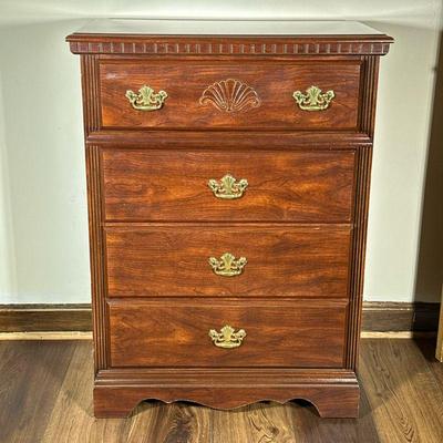 Four-Drawer Wooden Dresser | Four-drawer wooden dresser with gold hardware and carved details. - h. 40.5 x w. 30.5 x d. 17 in
