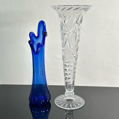 (2pc) Cobalt Blue Vase & Fluted Vase | "Five Finger" cobalt blue swung glass vase Pressed glass footed and fluted clear...