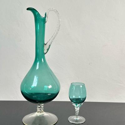 (2pc) Turquoise Art Glass Decanter & Glass | Vintage (mid century) turquoise-colored art glass decanter/pitcher and glass. - h. 12 x...