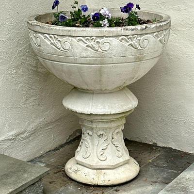 MONUMENTAL SCULPTED GARDEN URN ON STAND 32" DIAMETER #2 | Large pedestal garden urn or planter, with etched design. Very heavy....