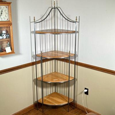Metal Corner Etagere/Shelving Unit | Vintage (possibly early 2000's) metal corner etagere (shelving unit) with four wooden shelves....