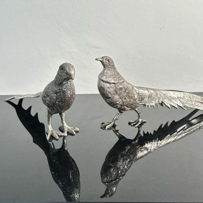 (2pc) Metal Pheasant Bird Statues | Pair (2) metal pheasant bird statue accessories. - h. 5 x l. 12 in
