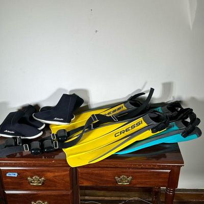 (6pc) Diving Flippers & Water Shoes | Cressi "Frog" flippers (two count, yellow/blue) Action Plus neoprene water shoes (two...
