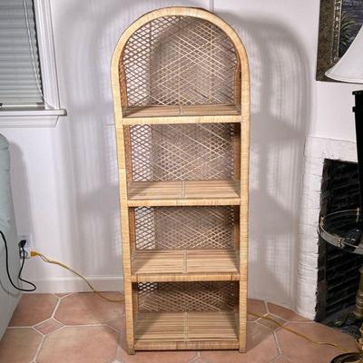 Arched-Top Wicker Bookcase | Vintage four-tiered, arched top, wicker bookcase or shelving unit. - h. 55 x w. 19.5 x d. 11 in
