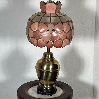 Seashell & Brass Table Lamp | Vintage (maybe 1980's) brass table lamp featuring a delicate lampshade crafted from capiz shells...
