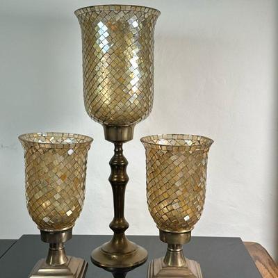 (3pc) Mosaic Glass & Metal Hurricanes | Three (3) mosaic glass hurricane candle holders on brushed metal pedestals, including one...