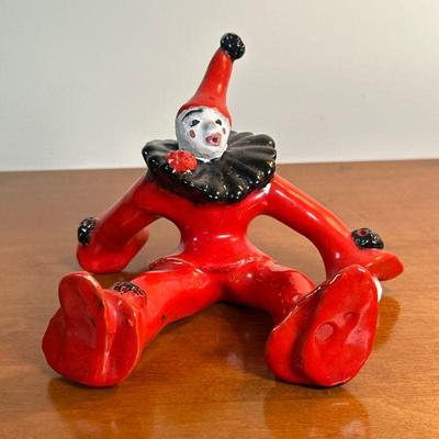 Hand-Painted Ceramic Clown Figure | Vintage hand-painted ceramic clown figure in a red suit with black ruffle collar. - h. 5.5 x w. 7.5 x...
