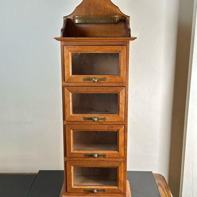 Oak Wooden Haberdashery Cabinet | Oak wooden haberdashery cabinet (tailor's cabinet) with glass front drawers and brass hardware. -...
