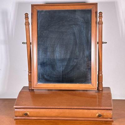 Tabletop Vanity Mirror with Drawer | Vintage (mid century) tabletop wooden vanity mirror with drawer and lift compartment at base. The...