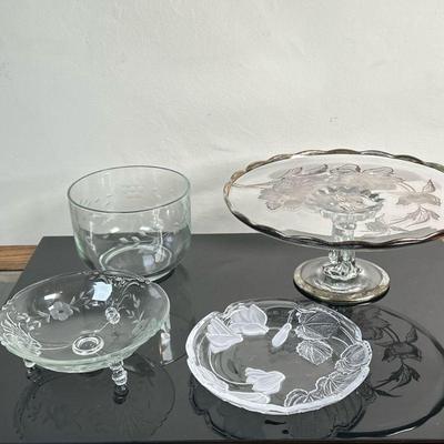 (4pc) Misc. Glass Pieces - Princess House & Others | Princess House (Heritage pattern) style footed dish Etched floral/harvest design...