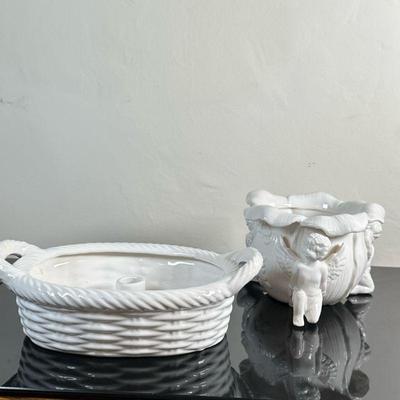 (2pc) Porcelain Basket Centerpiece & Angelic Cachepot | White porcelain basket with handles as centerpiece/candle holder White...