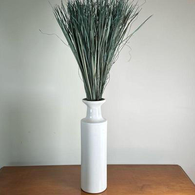 Tall White Ceramic Vase With Dried Grass | Tall white ceramic vase with dried grass, marked "Made in Brasil." - h. 18 x dia. 5 in