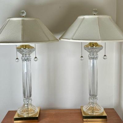 2pc) Cut Crystal & Brass Table Lamps | Pair (2) of vintage table lamps with lead cut crystal bodies atop a brass base with crystal...